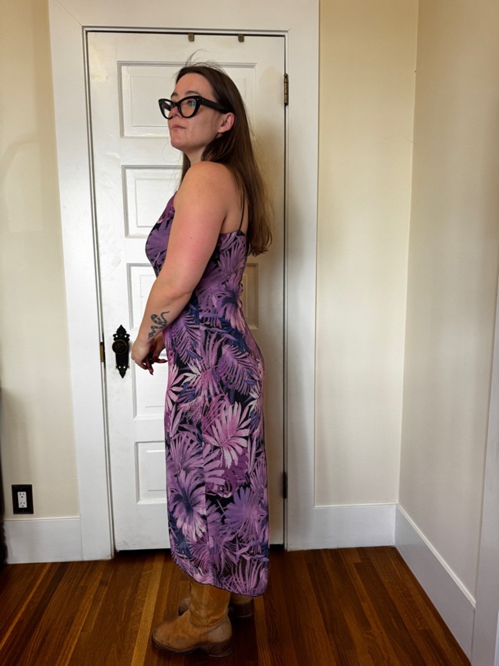 90s Vintage Purple Tropical Print Mesh Dress Sz L - Picture 2 of 7